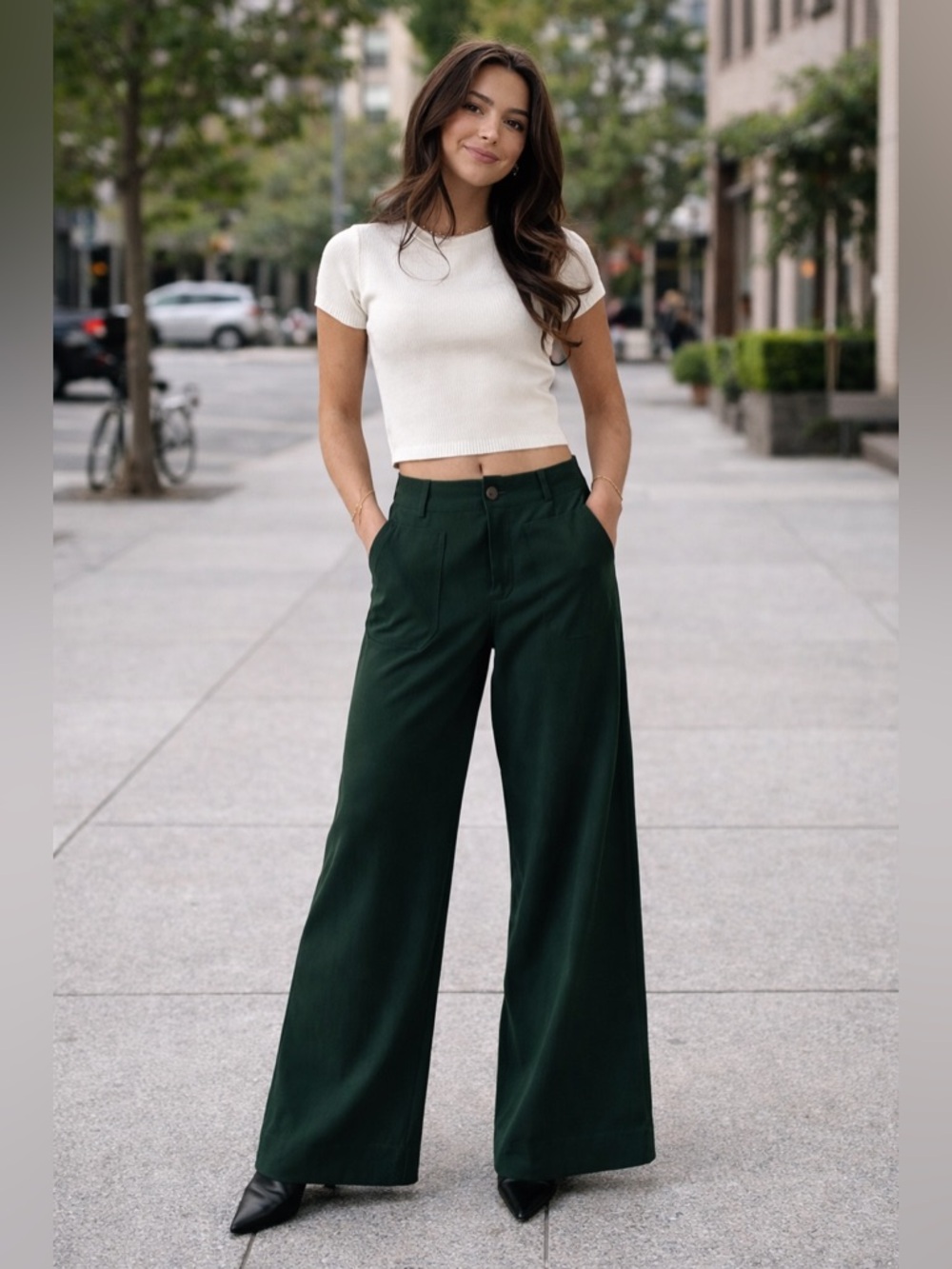 Jones & Co Dark Green Wide Leg Pants Size 8 High Rise Tailored Trousers, Rayon